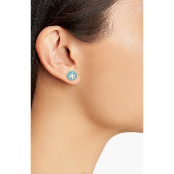 TORY BURCH • Blue Resin Logo Stud Earrings - Picture 2 of 8